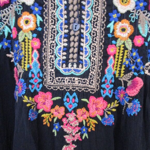 Wounded Navy Floral Embroidery Top Blouse Rayon Crinkle Bohemian - Picture 3 of 9